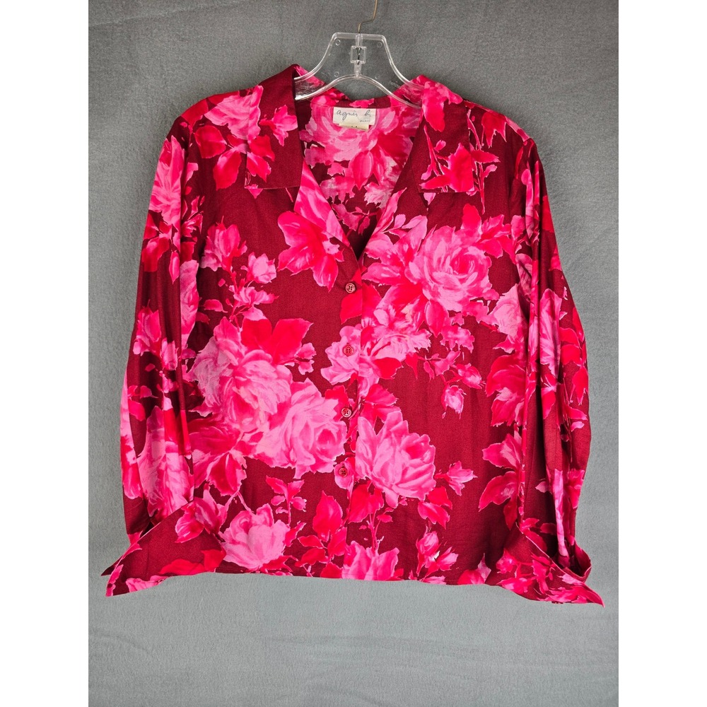 Agnes B. Paris Blouse Womens 44 L Pink Floral Button Up Made in France Romantic